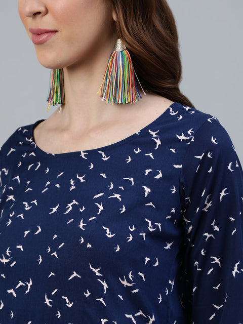 Women Navy Blue Printed Maxi Dress With Three Quarter Sleeves