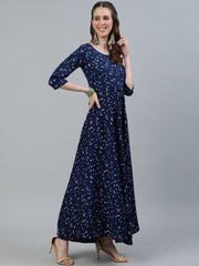 Women Navy Blue Printed Maxi Dress With Three Quarter Sleeves