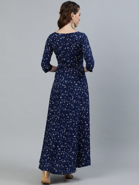 Women Navy Blue Printed Maxi Dress With Three Quarter Sleeves