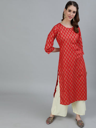 Women Red Printed Straight Kurta With Three Quarter Sleeves