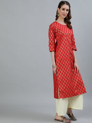 Women Red Printed Straight Kurta With Three Quarter Sleeves