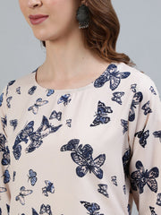 Women Peach Printed Straight Kurta With Three Quarter Sleeves