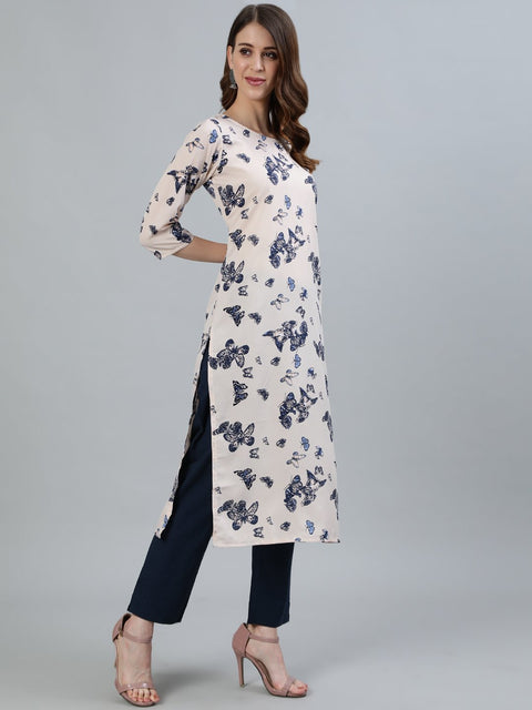 Women Peach Printed Straight Kurta With Three Quarter Sleeves