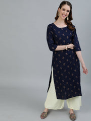 Women Navy Blue Printed Straight Kurta With Three Quarter Sleeves