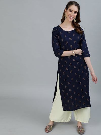 Women Navy Blue Printed Straight Kurta With Three Quarter Sleeves