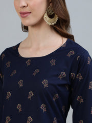 Women Navy Blue Printed Straight Kurta With Three Quarter Sleeves