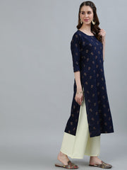 Women Navy Blue Printed Straight Kurta With Three Quarter Sleeves