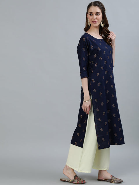 Women Navy Blue Printed Straight Kurta With Three Quarter Sleeves