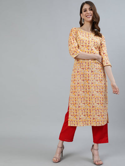 Women Red Printed Straight Kurta With Three Quarter Sleeves