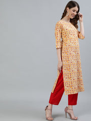 Women Red Printed Straight Kurta With Three Quarter Sleeves