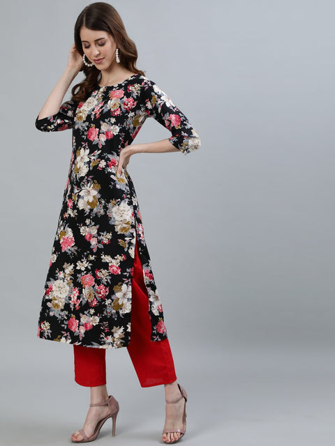 Women Black Floral Printed Straight Kurta With Three Quarter Sleeves