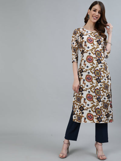 Women Off - White Printed Straight Kurta With Three Quarter Sleeves
