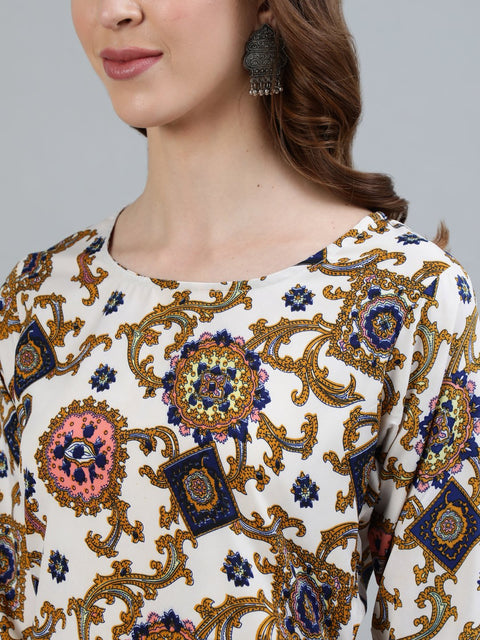 Women Off - White Printed Straight Kurta With Three Quarter Sleeves