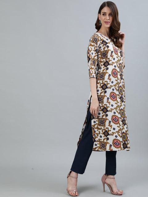 Women Off - White Printed Straight Kurta With Three Quarter Sleeves