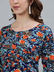 Women Blue Printed Straight Kurta With Three Quarter Sleeves