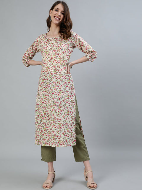 Women Cream Floral Printed Straight Kurta With Three Quarter Sleeves