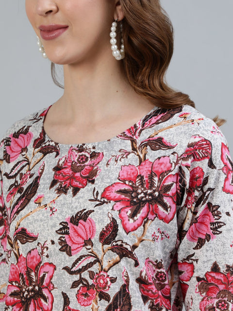 Women Off- White Floral Printed Straight Kurta With Three Quarter Sleeves