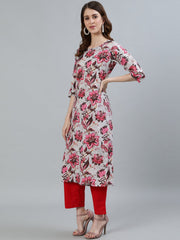 Women Off- White Floral Printed Straight Kurta With Three Quarter Sleeves