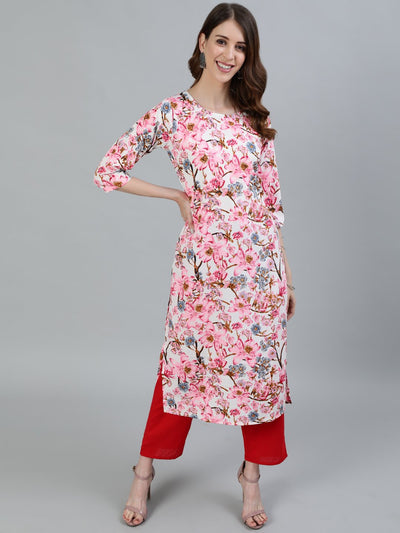 Women Pink Floral Printed Straight Kurta With Three Quarter Sleeves