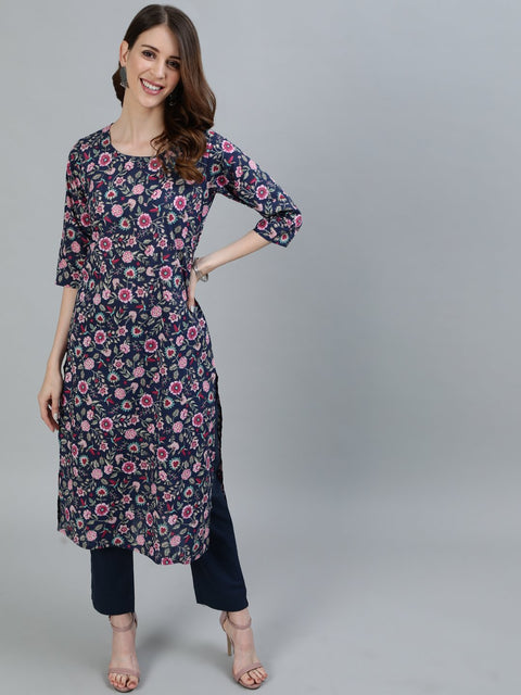 Women Navy Blue Floral Printed Straight Kurta With Three Quarter Sleeves