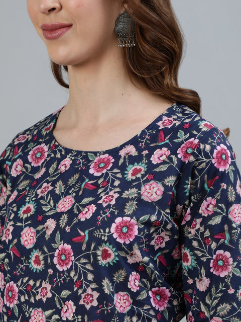 Women Navy Blue Floral Printed Straight Kurta With Three Quarter Sleeves