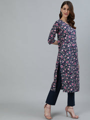 Women Navy Blue Floral Printed Straight Kurta With Three Quarter Sleeves