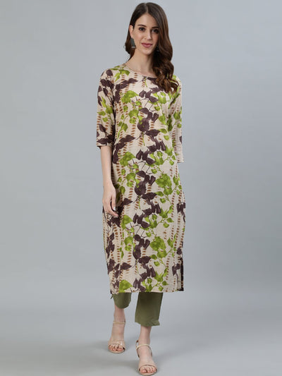 Women Beige Floral Printed Straight Kurta With Three Quarter Sleeves