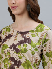 Women Beige Floral Printed Straight Kurta With Three Quarter Sleeves