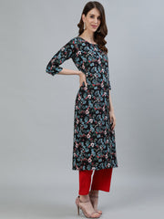 Women Black Floral Printed Straight Kurta With Three Quarter Sleeves