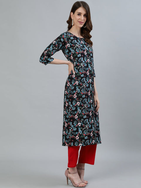 Women Black Floral Printed Straight Kurta With Three Quarter Sleeves