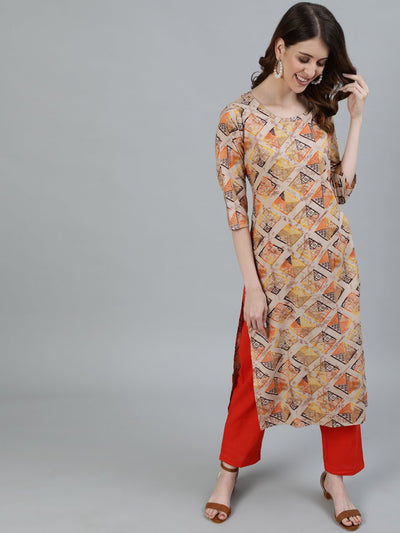 Women Beige Printed Straight Kurta With Three Quarter Sleeves