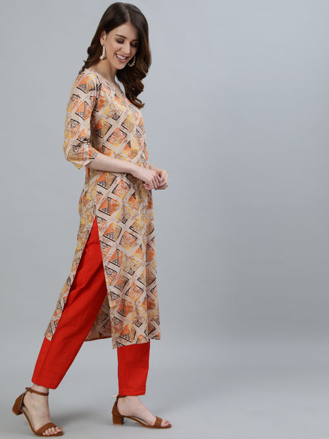 Women Beige Printed Straight Kurta With Three Quarter Sleeves