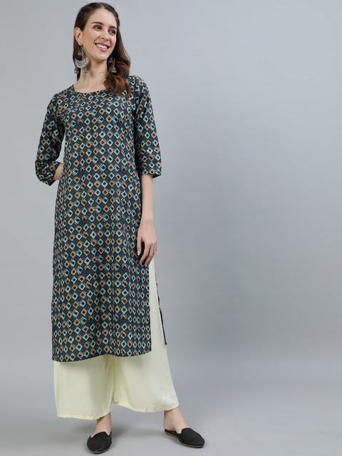 Women Grey Printed Straight Kurta With Three Quarter Sleeves
