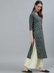 Women Grey Printed Straight Kurta With Three Quarter Sleeves
