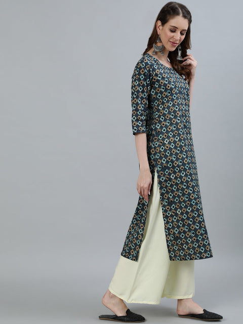 Women Grey Printed Straight Kurta With Three Quarter Sleeves