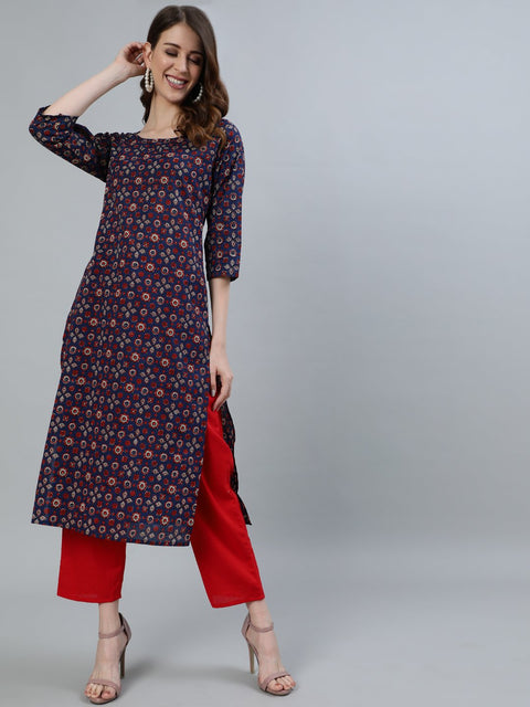 Women Navy Blue Printed Straight Kurta With Three Quarter Sleeves