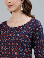 Women Navy Blue Printed Straight Kurta With Three Quarter Sleeves