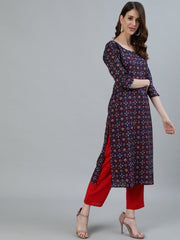 Women Navy Blue Printed Straight Kurta With Three Quarter Sleeves
