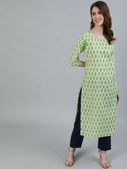 Women Green Printed Straight Kurta With Three Quarter Sleeves