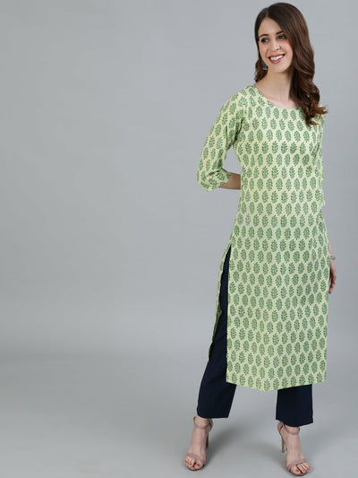 Women Green Printed Straight Kurta With Three Quarter Sleeves