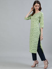 Women Green Printed Straight Kurta With Three Quarter Sleeves