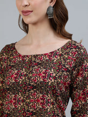 Women Olive Green Printed Straight Kurta With Three Quarter Sleeves