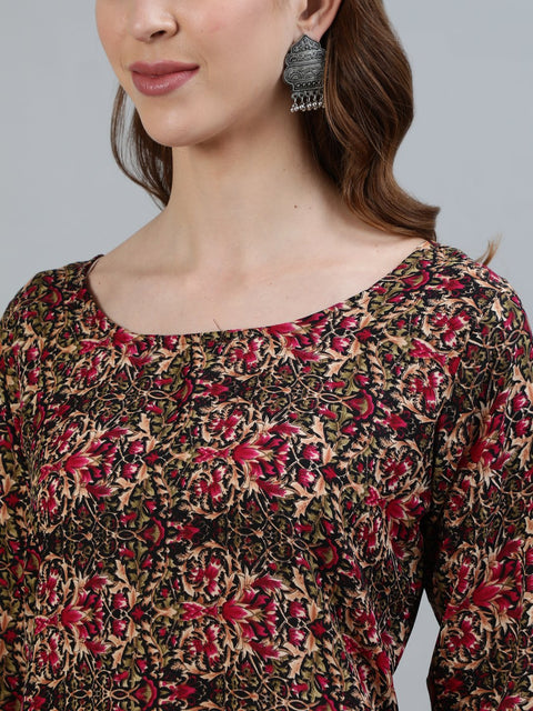 Women Olive Green Printed Straight Kurta With Three Quarter Sleeves