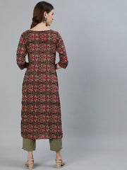Women Olive Green Printed Straight Kurta With Three Quarter Sleeves