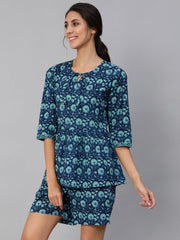Women Blue Floral Printed Night Suit