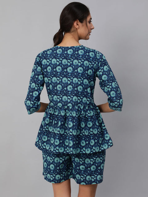 Women Blue Floral Printed Night Suit