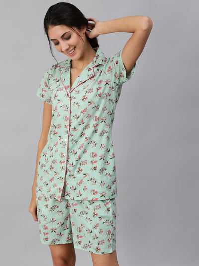Women Green Floral Printed Night Suit