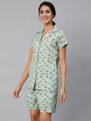 Women Green Floral Printed Night Suit