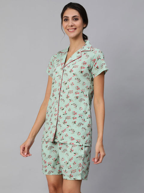 Women Green Floral Printed Night Suit
