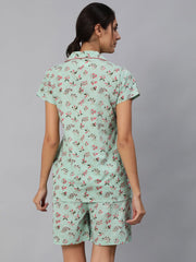 Women Green Floral Printed Night Suit